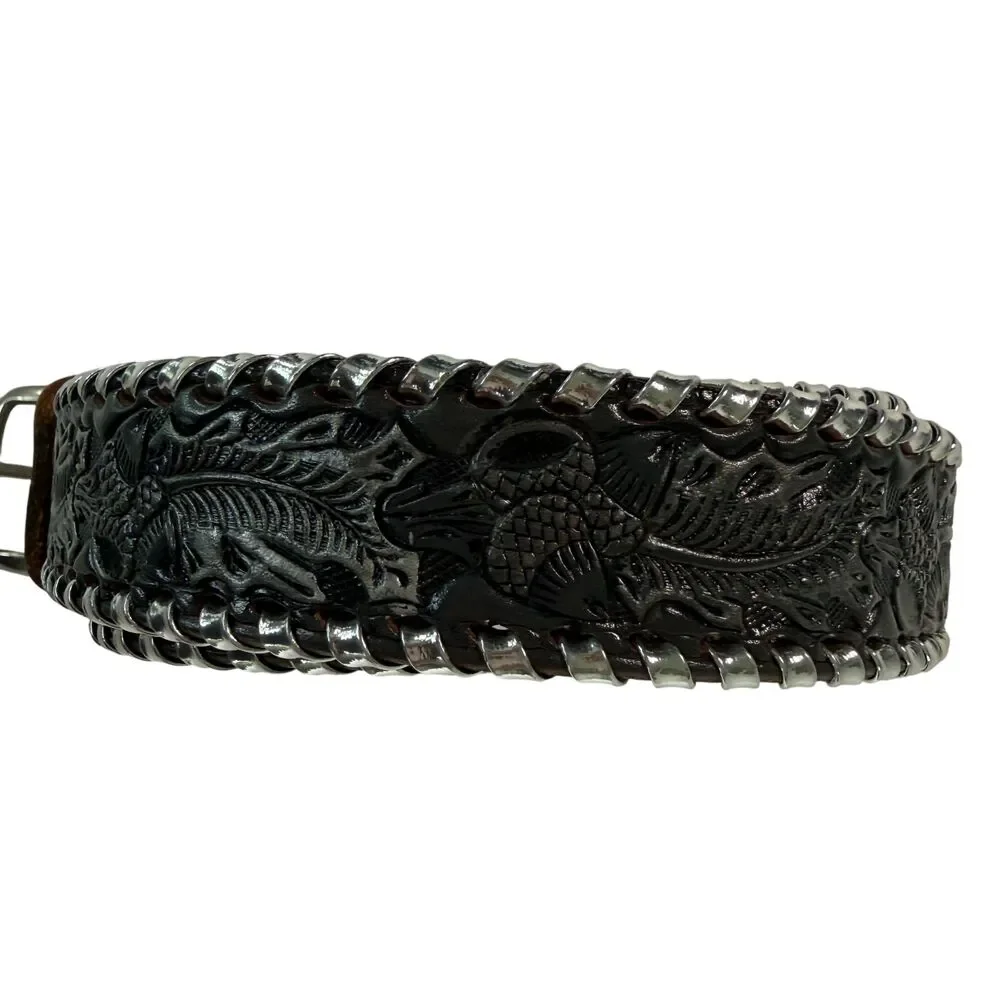 Mallory Leather Tooled Western Black Belt Floral Embossed Texas Women's Size 30